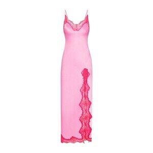 NWT SKIMS Woven Shine Stretch Satin Lace Long Dress in Neon Orchid Size XXS